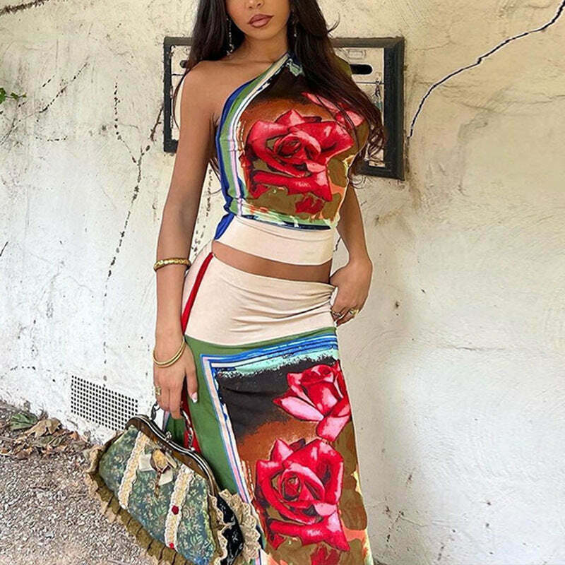 Y2K Aesthetic Cargo Skirt Set with Retro Flower Two-Piece Suit