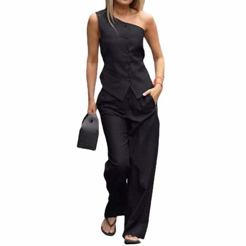 Y2K Aesthetic Cargo Skirt Set with Sleeveless High Waist Straight Casual Suit