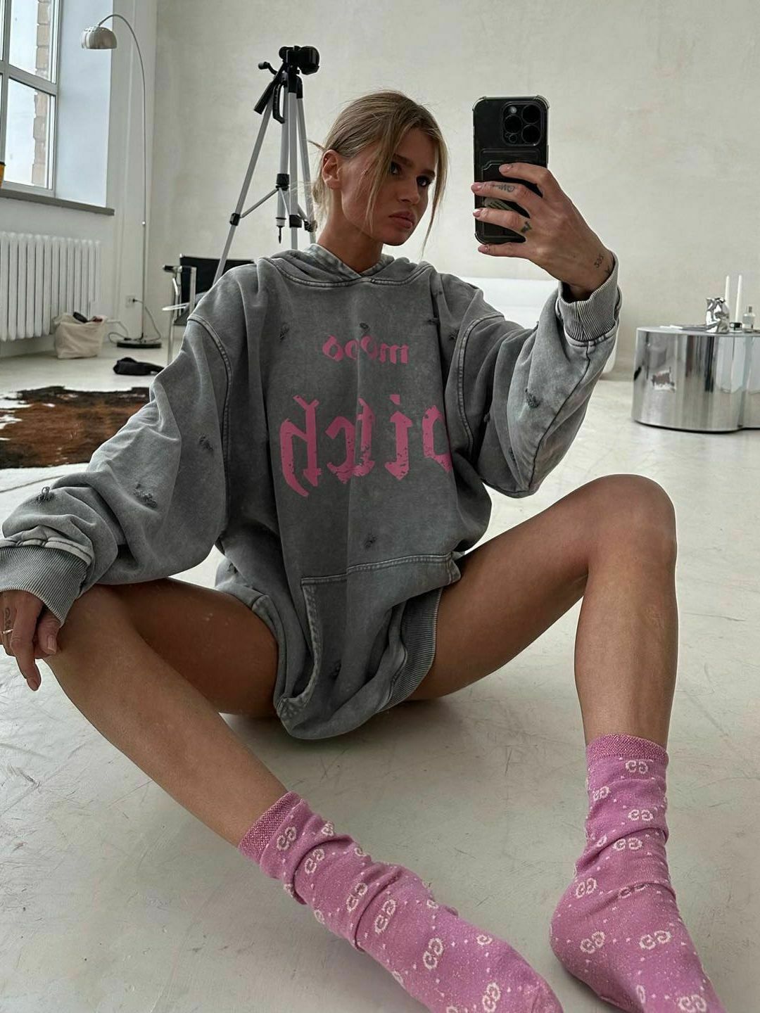 Y2K Aesthetic Cargo Skirt with Coquette Style and Washed Printed Hoodie