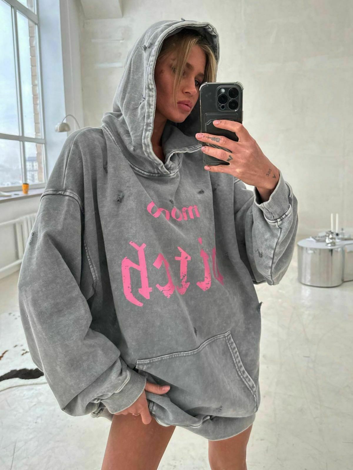 Y2K Aesthetic Cargo Skirt with Coquette Style and Washed Printed Hoodie