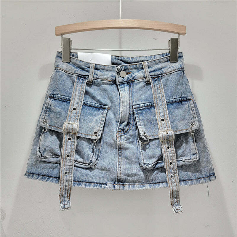 Y2K Aesthetic Cargo Skirt with Pocket Straps - Coquette Grunge Style for Women