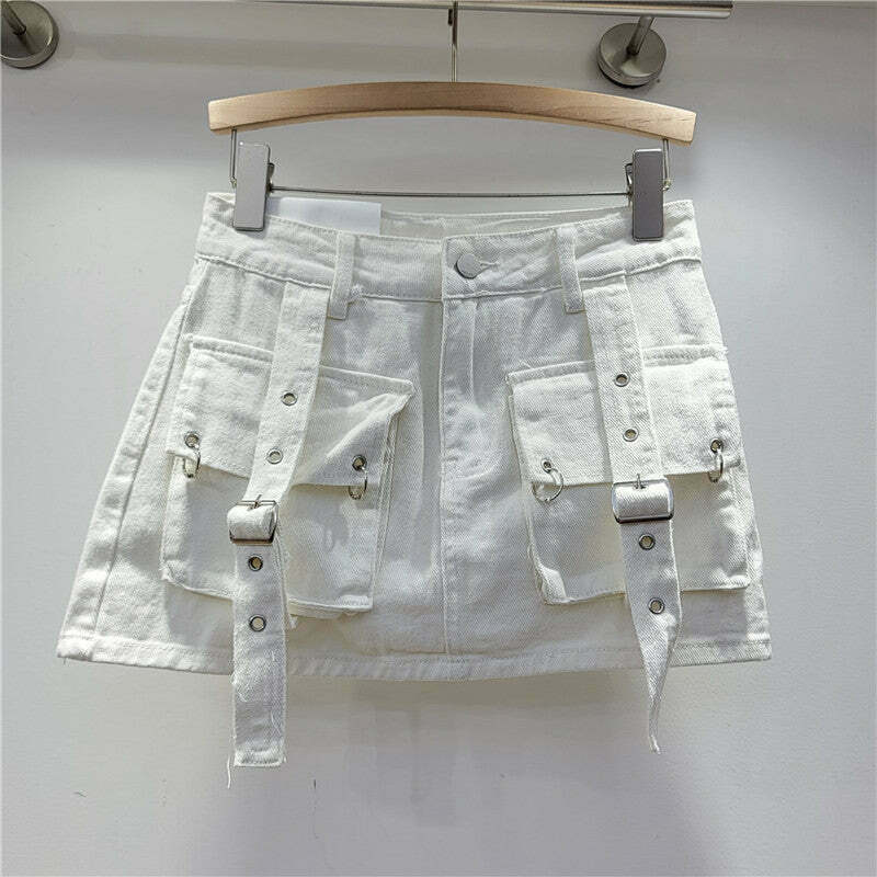 Y2K Aesthetic Cargo Skirt with Pocket Straps - Coquette Grunge Style for Women