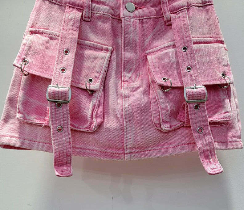 Y2K Aesthetic Cargo Skirt with Pocket Straps - Coquette Grunge Style for Women