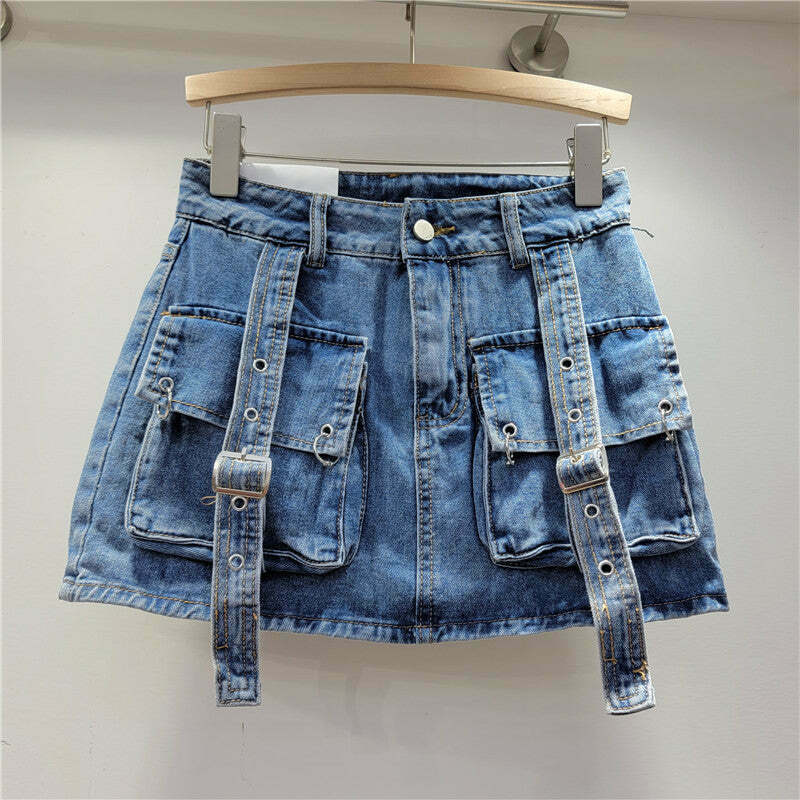 Y2K Aesthetic Cargo Skirt with Pocket Straps - Coquette Grunge Style for Women