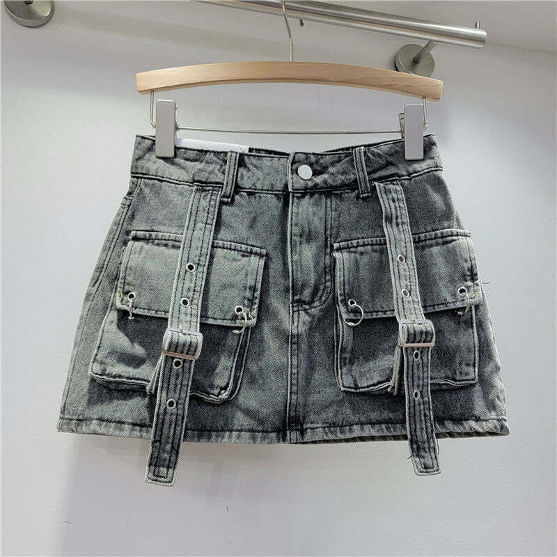 Y2K Aesthetic Cargo Skirt with Pocket Straps - Coquette Grunge Style for Women