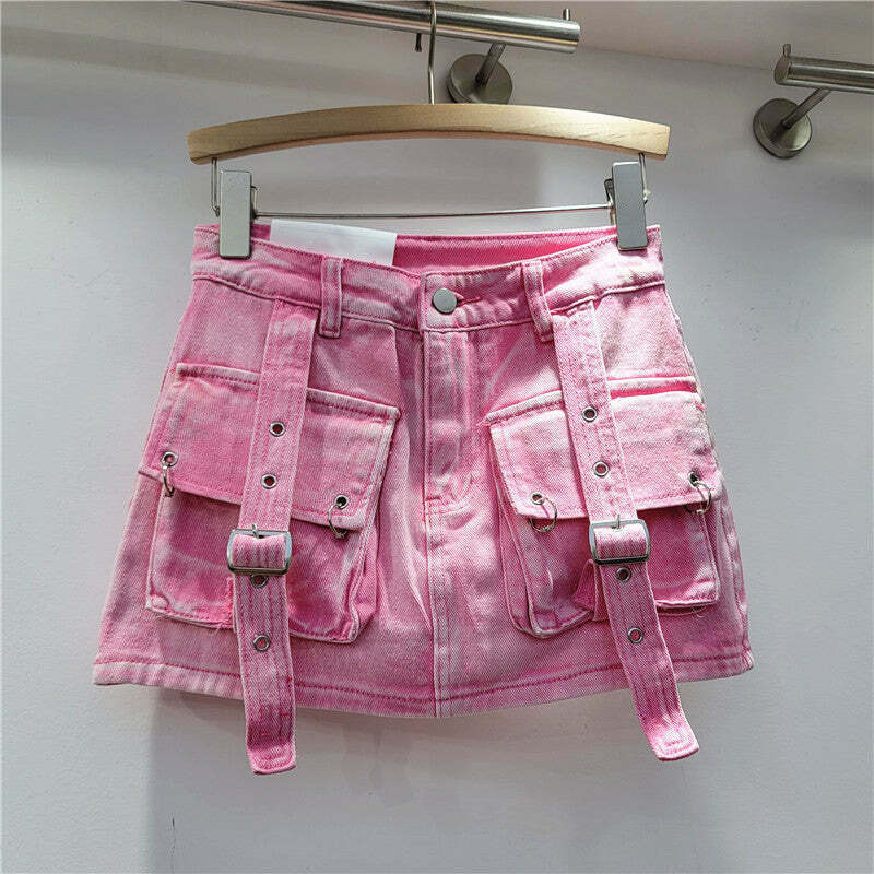 Y2K Aesthetic Cargo Skirt with Pocket Straps - Coquette Grunge Style for Women