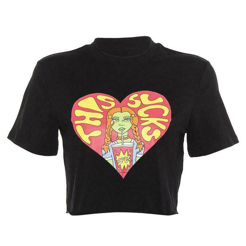 Y2K Aesthetic Cartoon Print Crop Top for Women - Coquette Style Grunge Fashion Statement Piece