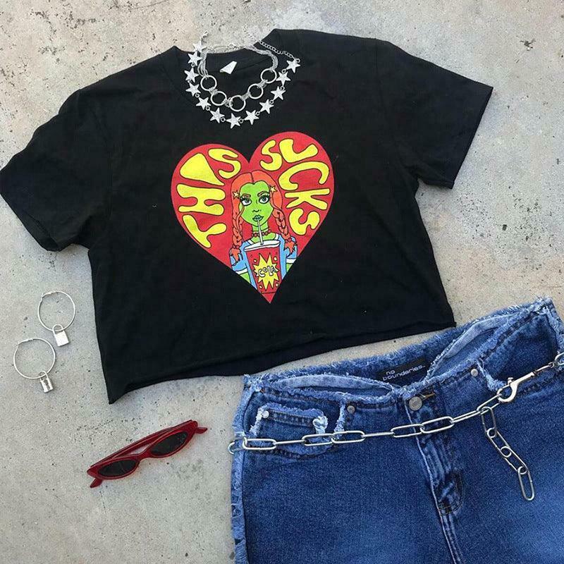 Y2K Aesthetic Cartoon Print Crop Top for Women - Coquette Style Grunge Fashion Statement Piece
