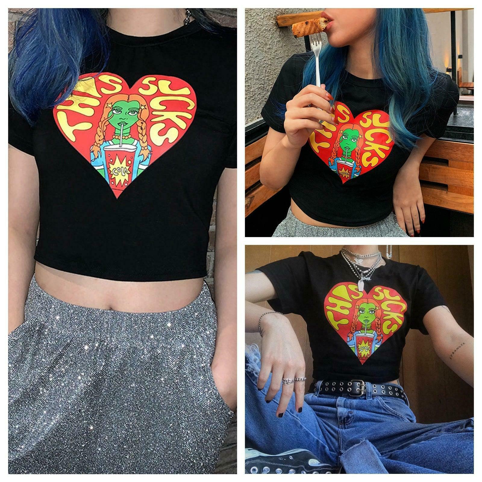 Y2K Aesthetic Cartoon Print Crop Top for Women - Coquette Style Grunge Fashion Statement Piece