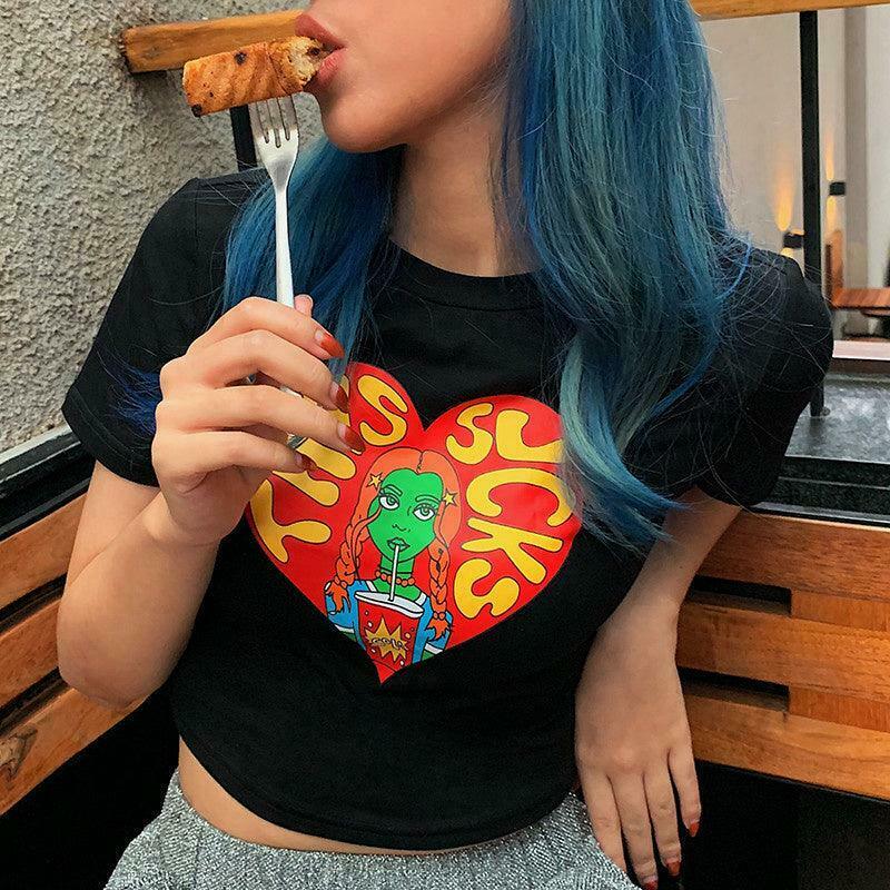Y2K Aesthetic Cartoon Print Crop Top for Women - Coquette Style Grunge Fashion Statement Piece