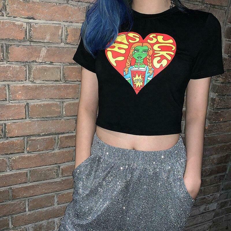 Y2K Aesthetic Cartoon Print Crop Top for Women - Coquette Style Grunge Fashion Statement Piece