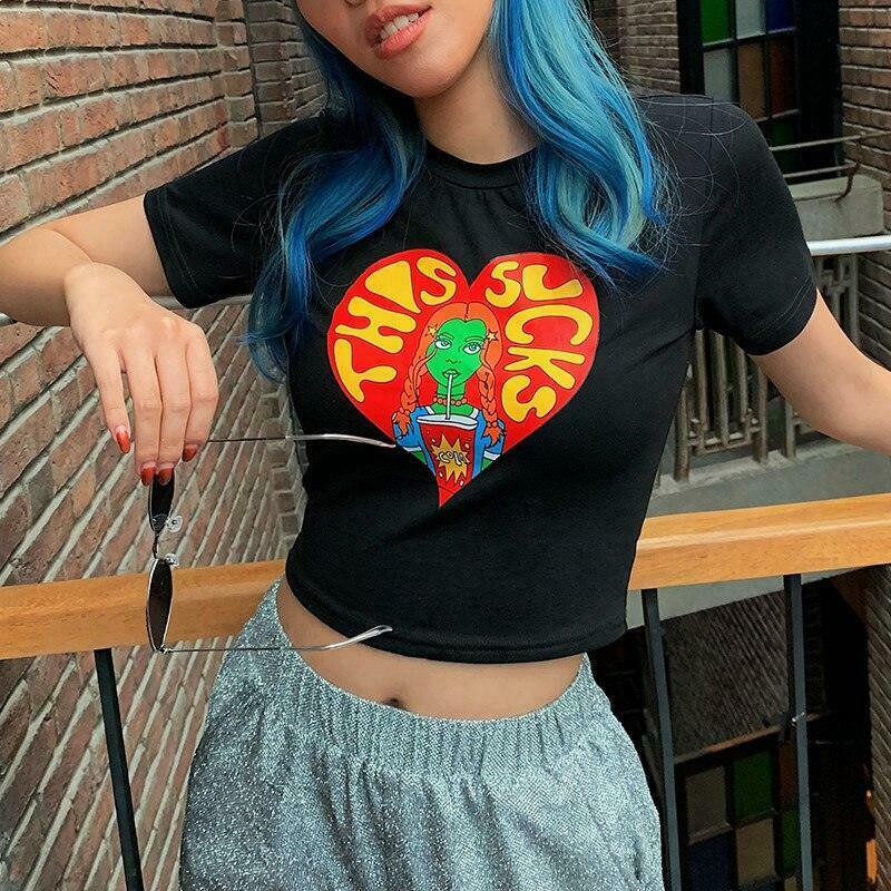 Y2K Aesthetic Cartoon Print Crop Top for Women - Coquette Style Grunge Fashion Statement Piece