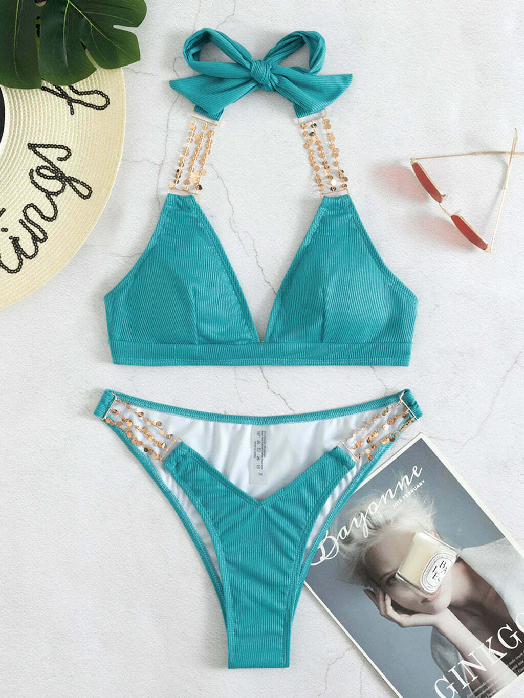 Y2K Aesthetic Chain Backless Halter Beach Bikini for Niche Women Fashion