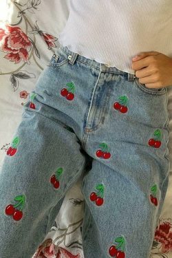 Y2K Aesthetic Cherry Jeans: Coquette & Grunge Style Cargo Skirt - Cute Tops & Pastel Goth Outfits