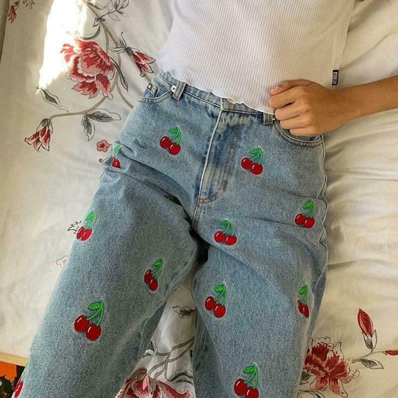 Y2K Aesthetic Cherry Jeans: Coquette & Grunge Style Cargo Skirt - Cute Tops & Pastel Goth Outfits