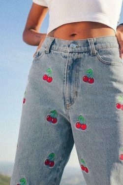 Y2K Aesthetic Cherry Jeans: Coquette & Grunge Style Cargo Skirt - Cute Tops & Pastel Goth Outfits