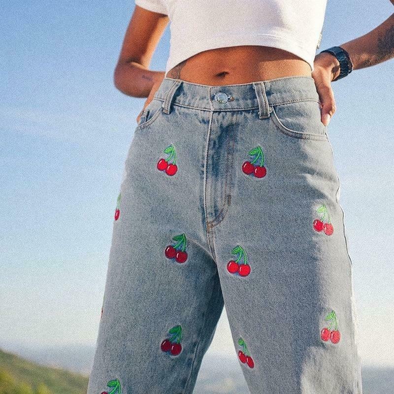 Y2K Aesthetic Cherry Jeans: Coquette & Grunge Style Cargo Skirt - Cute Tops & Pastel Goth Outfits