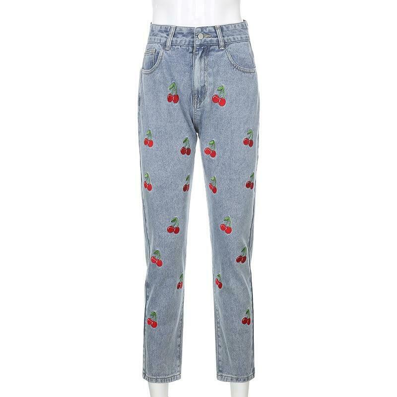 Y2K Aesthetic Cherry Jeans: Coquette & Grunge Style Cargo Skirt - Cute Tops & Pastel Goth Outfits