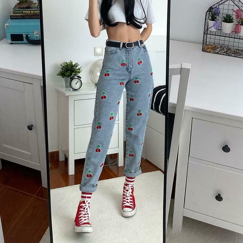 Y2K Aesthetic Cherry Jeans: Coquette & Grunge Style Cargo Skirt - Cute Tops & Pastel Goth Outfits