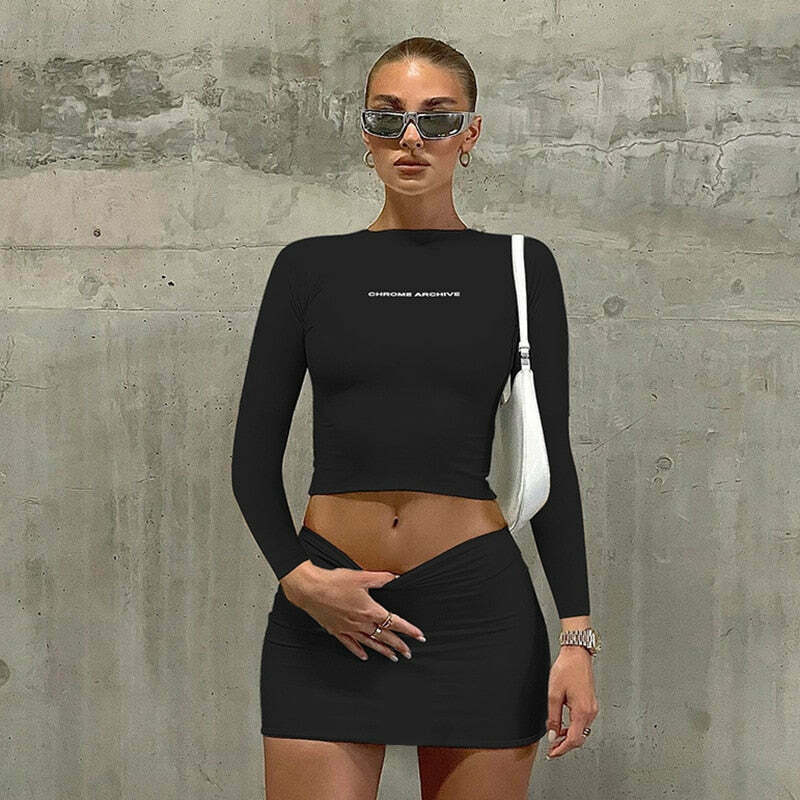 Y2K Aesthetic Chrome Archive Bodycon Skirt Set for Niche Women Fashion