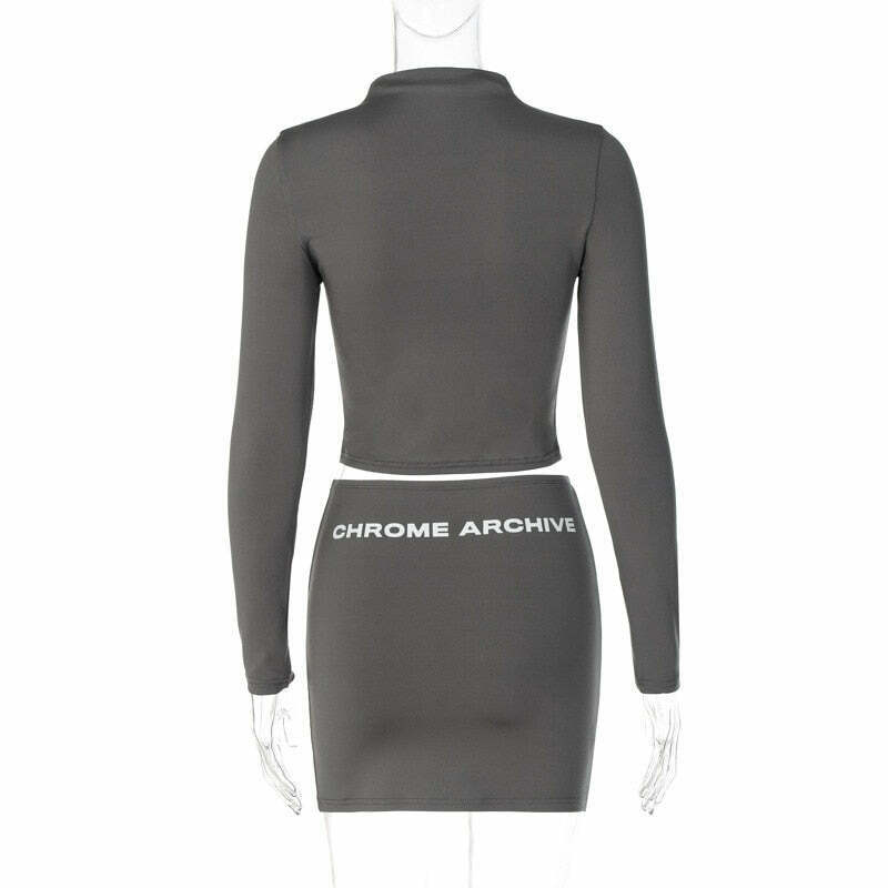 Y2K Aesthetic Chrome Archive Bodycon Skirt Set for Niche Women Fashion
