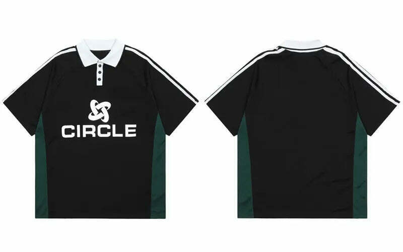 Y2K Aesthetic Circle Sports Polo Tee for Women - Coquette Grunge Style with Pastel Goth Vibes