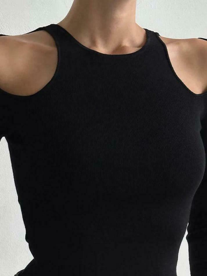Y2K Aesthetic Cold Shoulder Cutout Cropped Long Sleeve Tee - Coquette & Grunge Style Women's Fashion