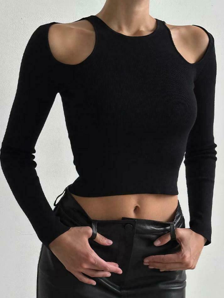 Y2K Aesthetic Cold Shoulder Cutout Cropped Long Sleeve Tee - Coquette & Grunge Style Women's Fashion