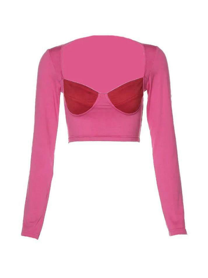 Y2K Aesthetic Color Block Square Neck Cropped Long Sleeve Tee