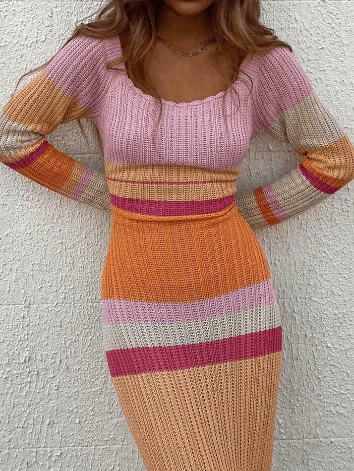 Y2K Aesthetic Color Block Stripe Knitted Maxi Dress for Women - Coquette & Grunge Style