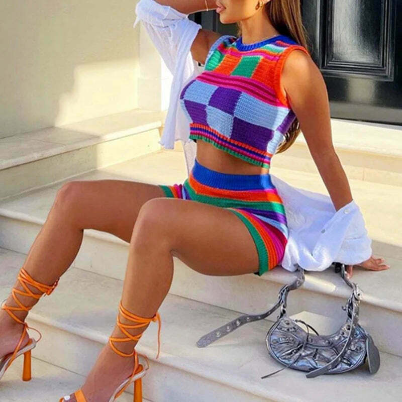 Y2K Aesthetic Colorblock Knitted Set for Women - Coquette & Grunge Style Outfit