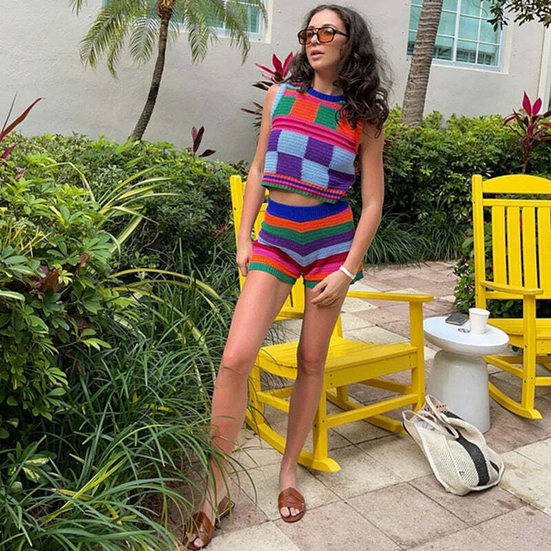 Y2K Aesthetic Colorblock Knitted Set for Women - Coquette & Grunge Style Outfit