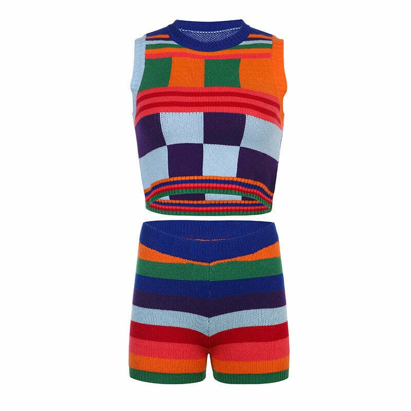 Y2K Aesthetic Colorblock Knitted Set for Women - Coquette & Grunge Style Outfit