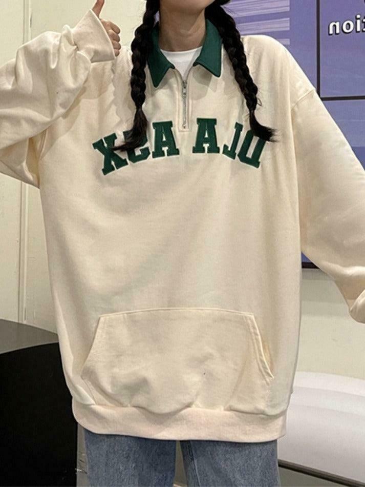 Y2K Aesthetic Contrast Color Embroidery Hoodie with Kangaroo Pocket