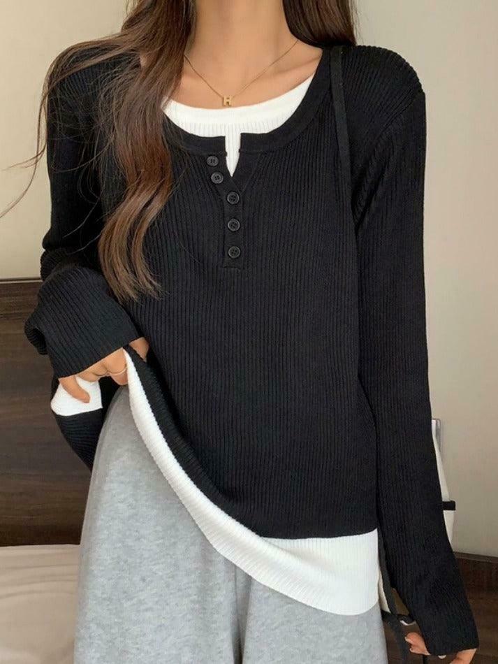 Y2K Aesthetic Contrast Color Fake Two Piece Knit Top for Women - Coquette & Grunge Style