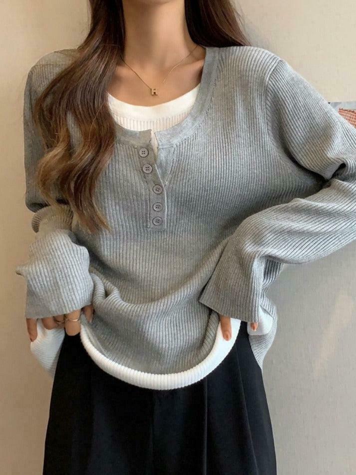 Y2K Aesthetic Contrast Color Fake Two Piece Knit Top for Women - Coquette & Grunge Style