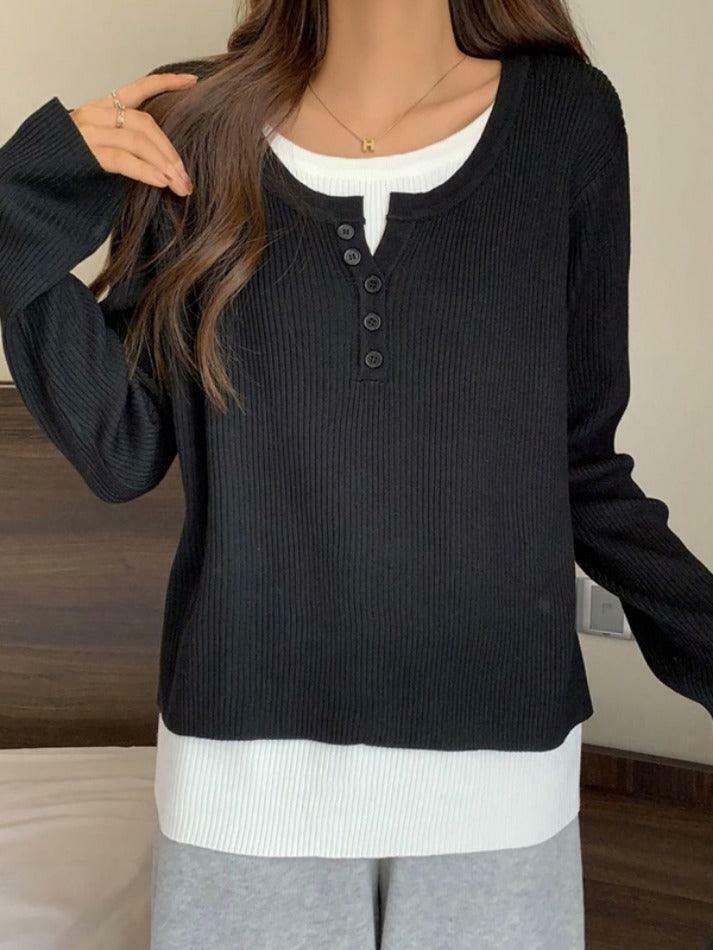 Y2K Aesthetic Contrast Color Fake Two Piece Knit Top for Women - Coquette & Grunge Style