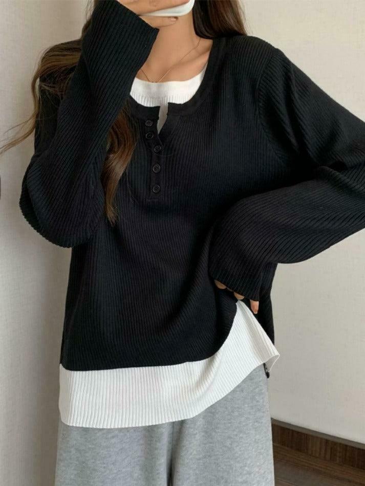 Y2K Aesthetic Contrast Color Fake Two Piece Knit Top for Women - Coquette & Grunge Style