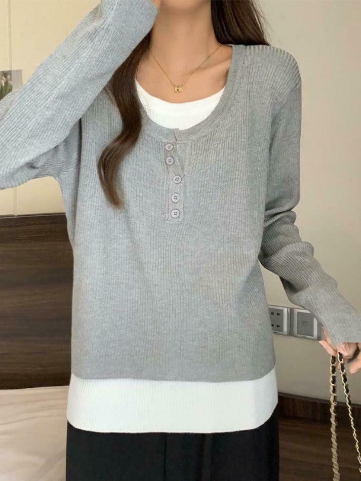 Y2K Aesthetic Contrast Color Fake Two Piece Knit Top for Women - Coquette & Grunge Style