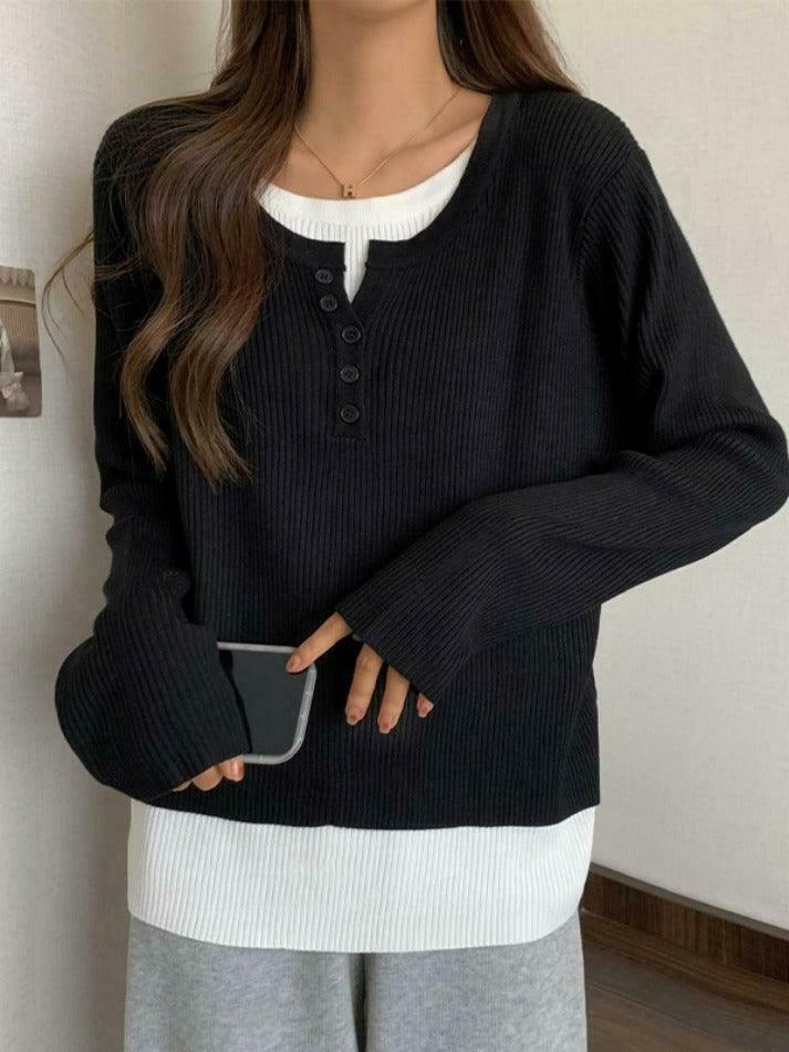 Y2K Aesthetic Contrast Color Fake Two Piece Knit Top for Women - Coquette & Grunge Style