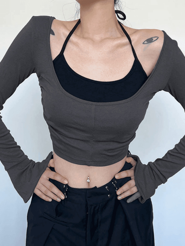 Y2K Aesthetic Contrast Color Halter Flare Long Sleeve Tee - Coquette & Grunge Style
