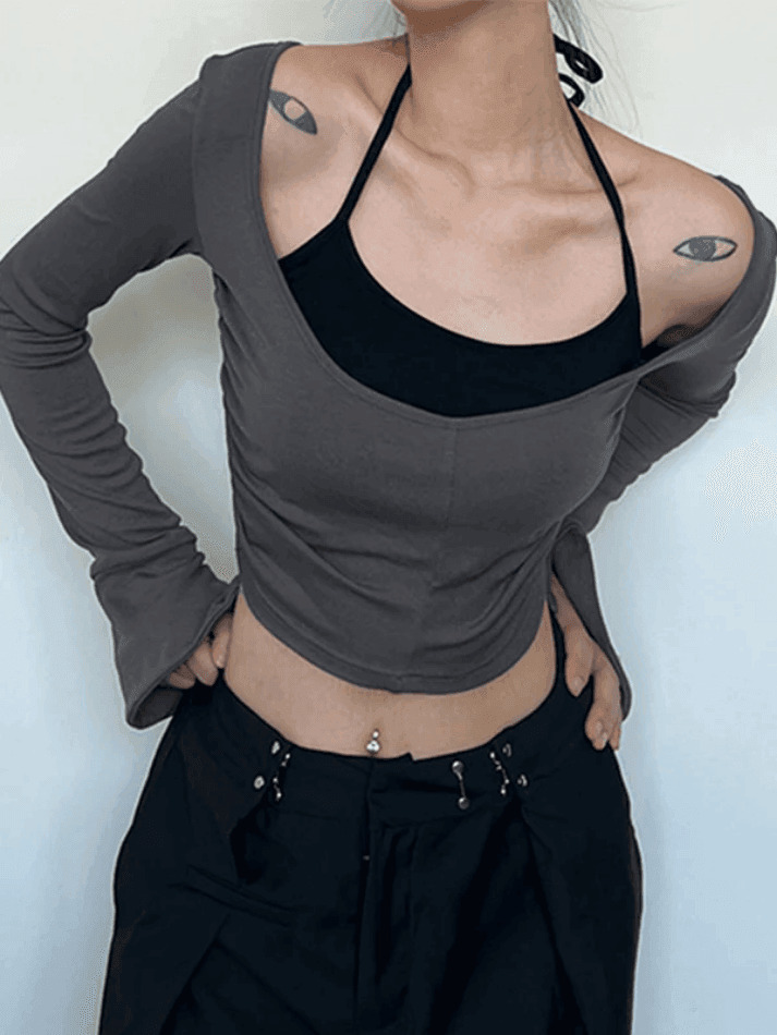 Y2K Aesthetic Contrast Color Halter Flare Long Sleeve Tee - Coquette & Grunge Style
