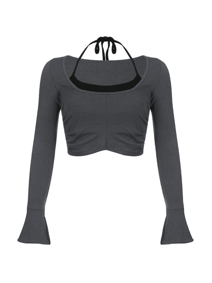 Y2K Aesthetic Contrast Color Halter Flare Long Sleeve Tee - Coquette & Grunge Style