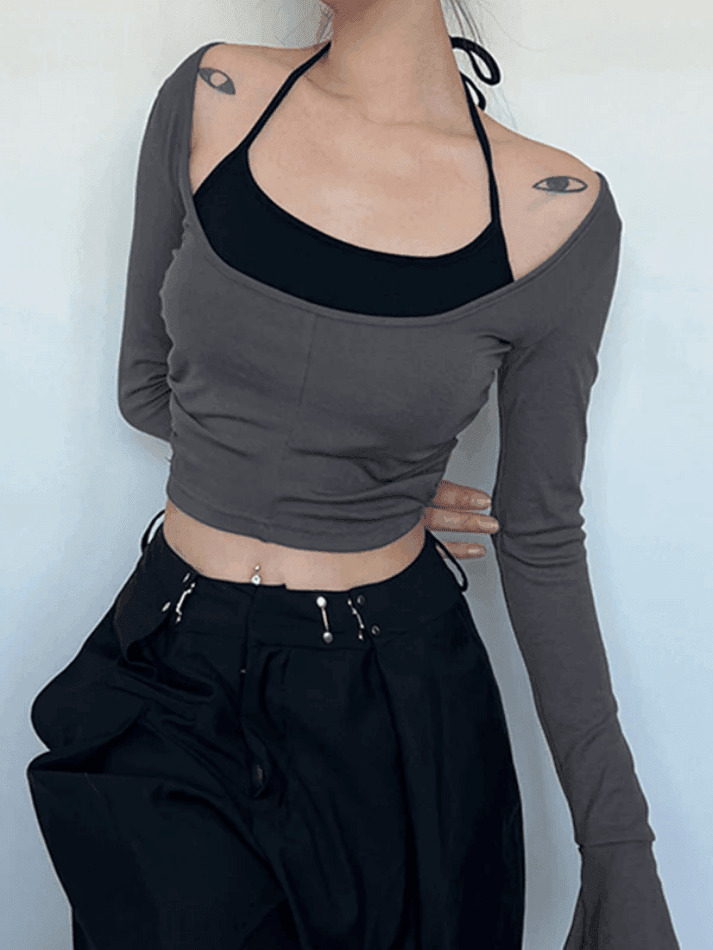 Y2K Aesthetic Contrast Color Halter Flare Long Sleeve Tee - Coquette & Grunge Style