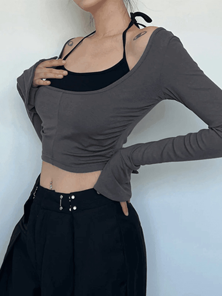 Y2K Aesthetic Contrast Color Halter Flare Long Sleeve Tee - Coquette & Grunge Style