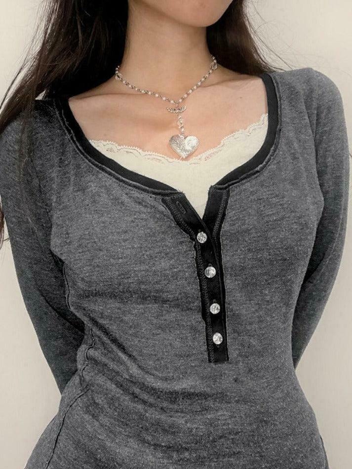 Y2K Aesthetic Contrast Color Long Sleeve Tee for Women - Coquette Grunge Style Fashion