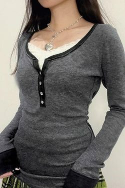 Y2K Aesthetic Contrast Color Long Sleeve Tee for Women - Coquette Grunge Style Fashion