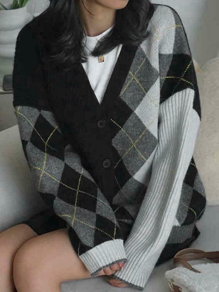 Y2K Aesthetic Contrast Color Plaid Patchwork Cardigan - Coquette Grunge Style for Women