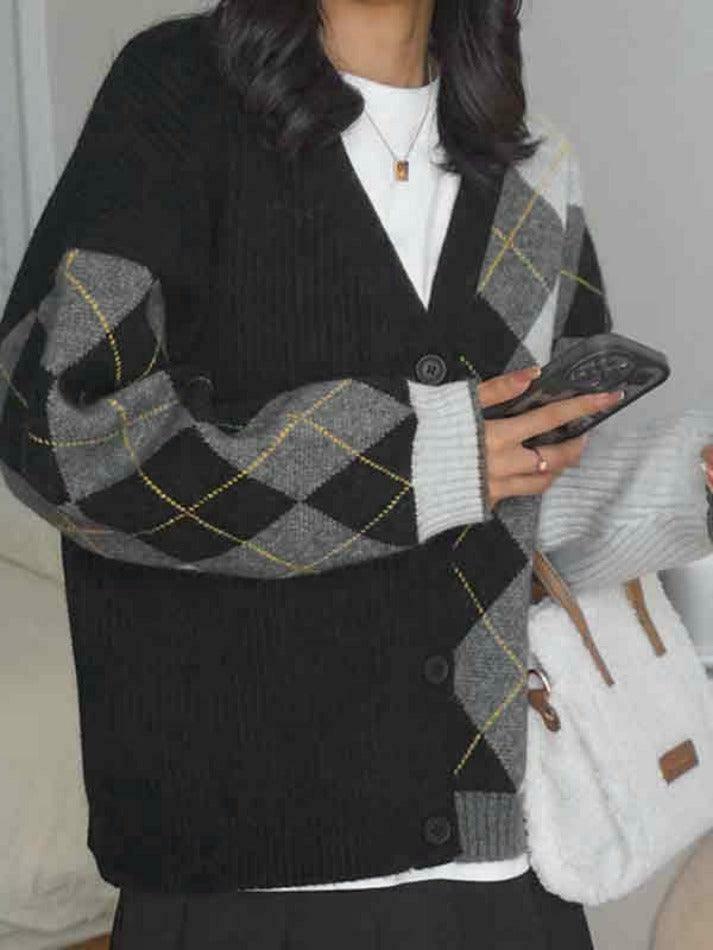Y2K Aesthetic Contrast Color Plaid Patchwork Cardigan - Coquette Grunge Style for Women
