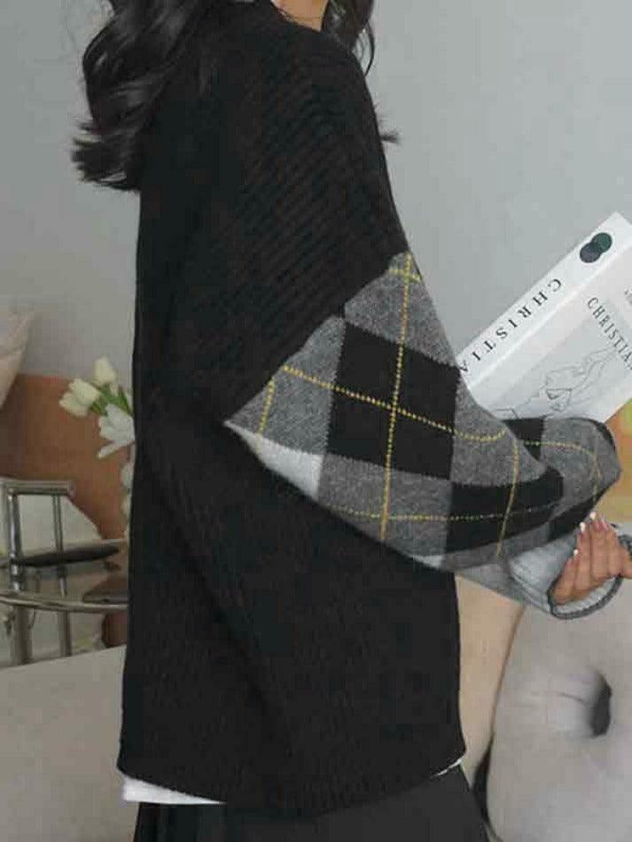 Y2K Aesthetic Contrast Color Plaid Patchwork Cardigan - Coquette Grunge Style for Women